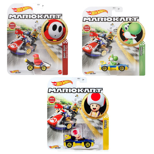 Hot Wheels Mario Kart Yoshi with Captain Toad & Shy Guy Triple Pack