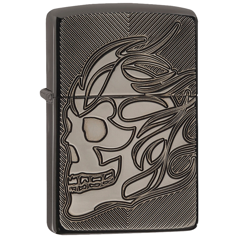 Zippo Armor Deep Carved Flaming Skull Windproof Lighter - Black Ice | 29230