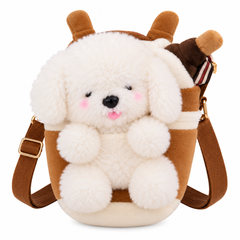 Cute White Puppy Plush Crossbody Bag - Brown | Z1184