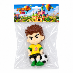 Squeeze Toy Soccer Player Figure - Brown-Haired Yellow & Green No.10 Seated With Football | AL1097