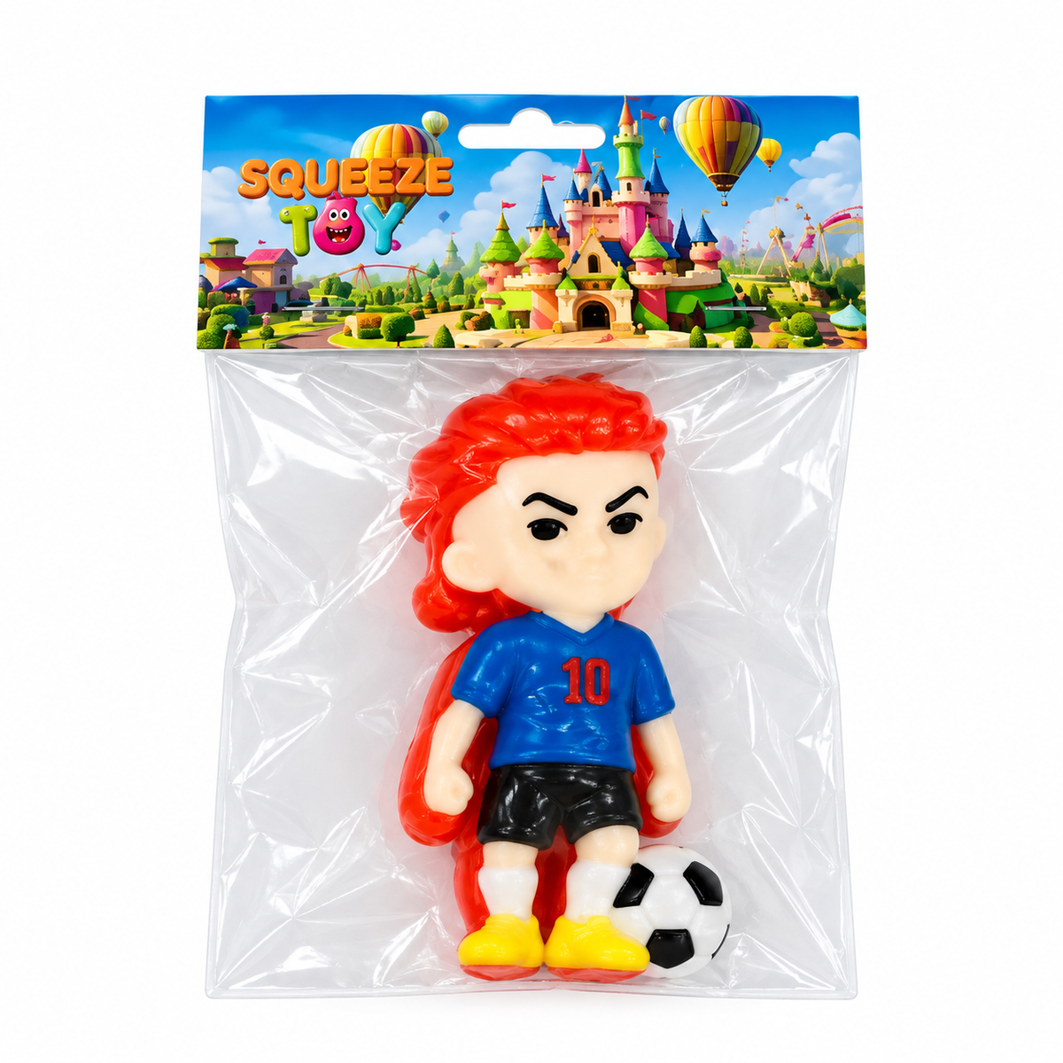 Squeeze Toy Soccer Player Figure - Long Red-Haired Blue No.10 Standing With Football | AL1097