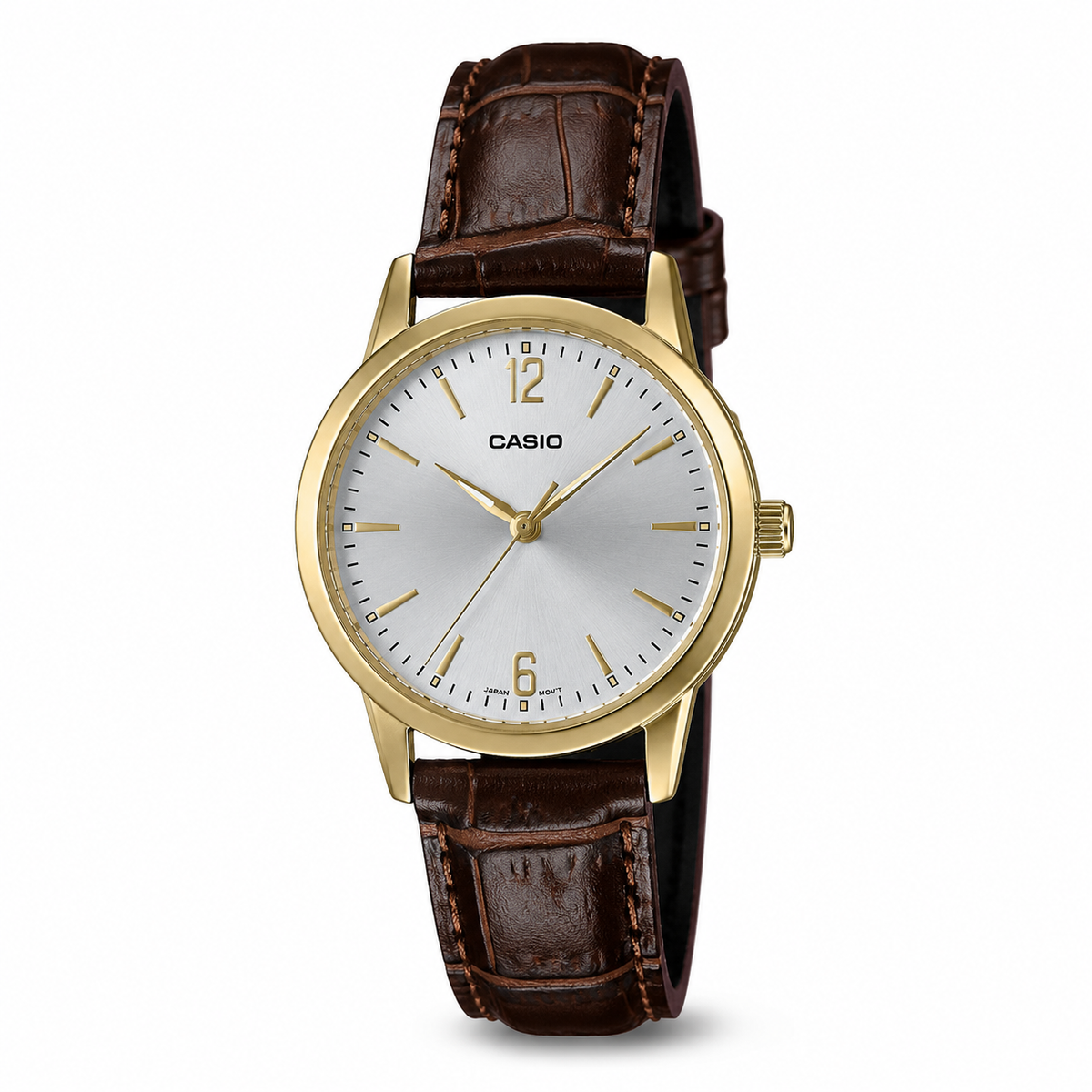 Casio Analog Watch – Gold Case, Silver Dial & Brown Leather Strap | LTP-1234GLL-7ADF