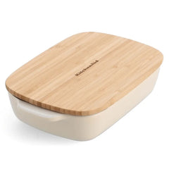 KitchenAid Stoneware Rectangular Baker with Ceramic Non-Stick Coating & Bamboo Lid - Almond cream
