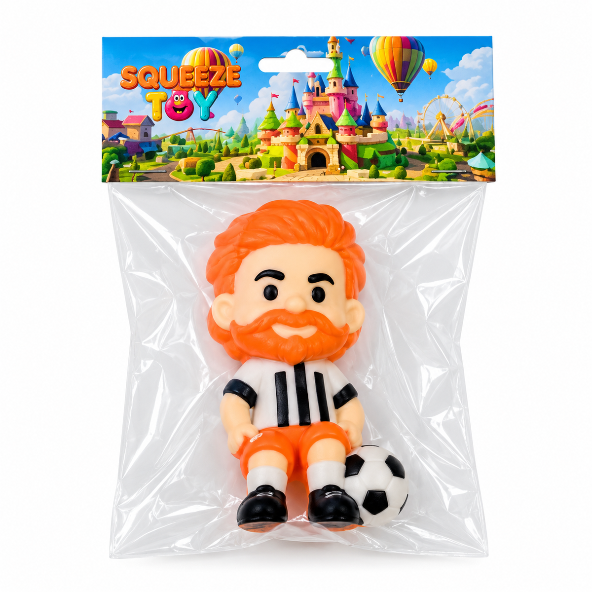 Squeeze Toy Soccer Player Figure - Orange-Haired Bearded Black & White Striped Standing Pose | AL1096