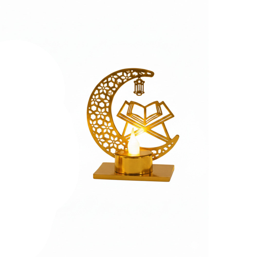 Ramadan Crescent Moon LED Candle Holder with Quran Stand Design – Gold | 7082-11A