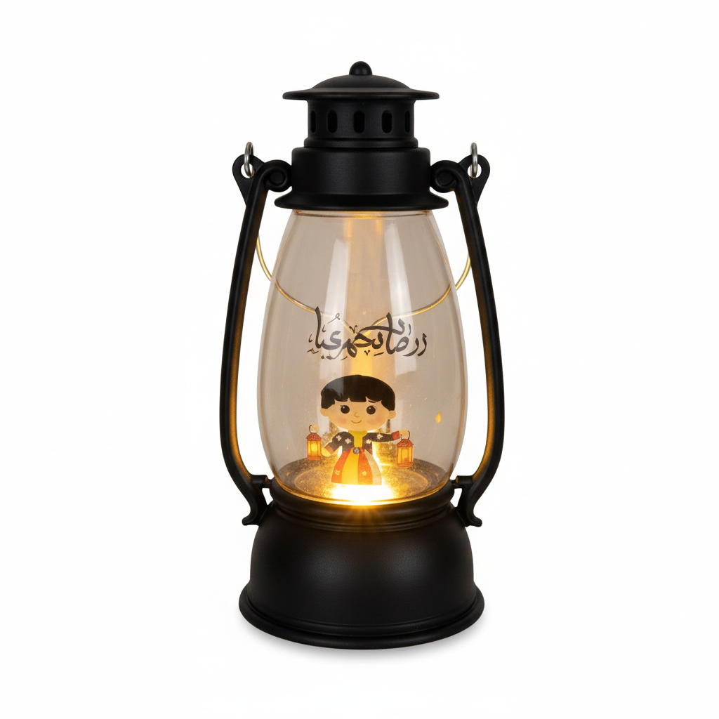 Ramadan Decorative LED Lantern with Child Lantern Illustration – Black | 7082-15B