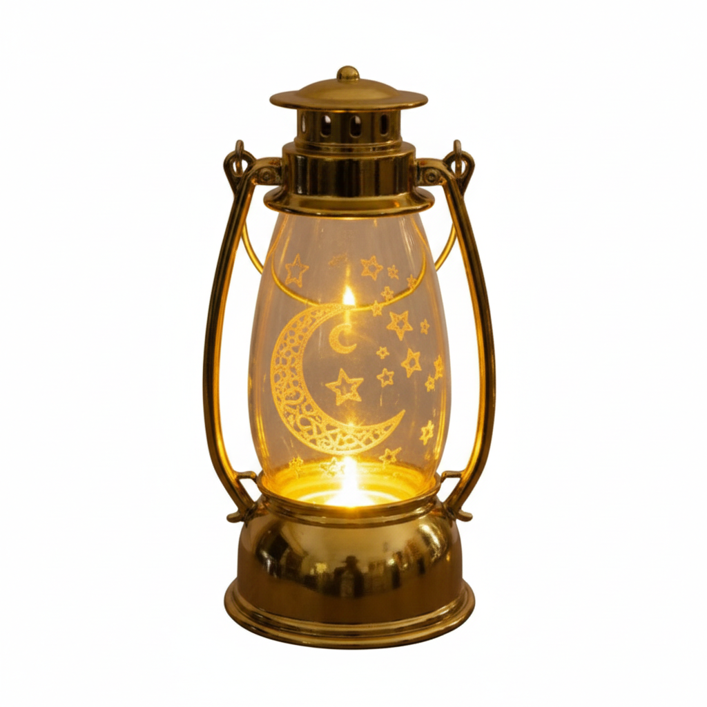 Ramadan Vintage Metal LED Lantern with Crescent Moon Stars Design – Gold | 7082-20A