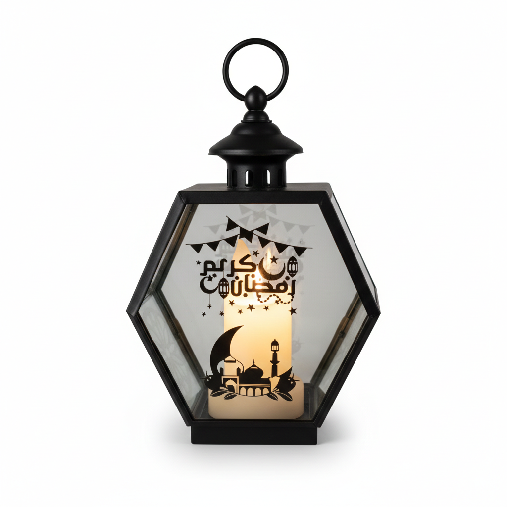 Ramadan Hexagon LED Lantern with Arabic Calligraphy & Mosque Artwork – Black | 7082-37