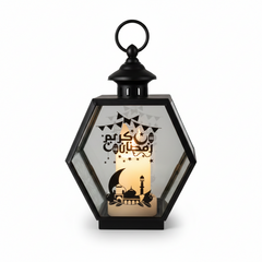 Ramadan Hexagon LED Lantern with Arabic Calligraphy & Mosque Artwork – Black | 7082-37
