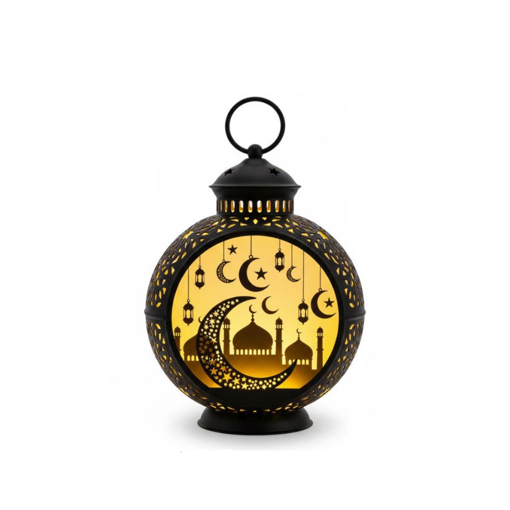 Ramadan Decorative Round LED Lantern with Crescent Moon & Mosque Design – Black | 7082-42