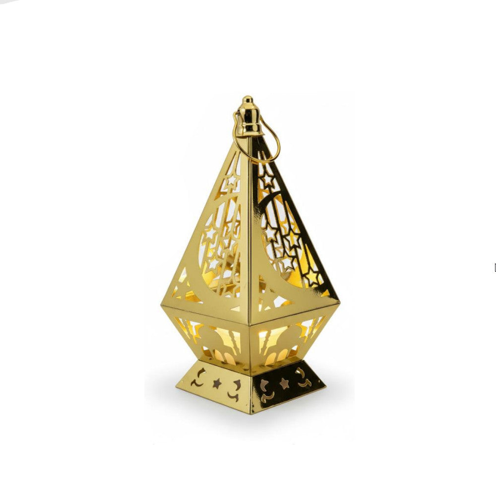 Ramadan Decorative Gold LED Lantern with Mosque Illustration Panels | 7138-5