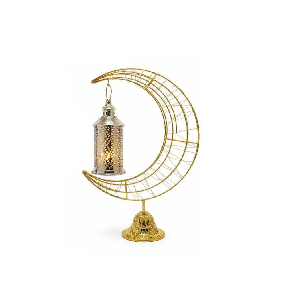 Ramadan Decorative Metal LED Candle Lantern with Crescent Top | 7138-63