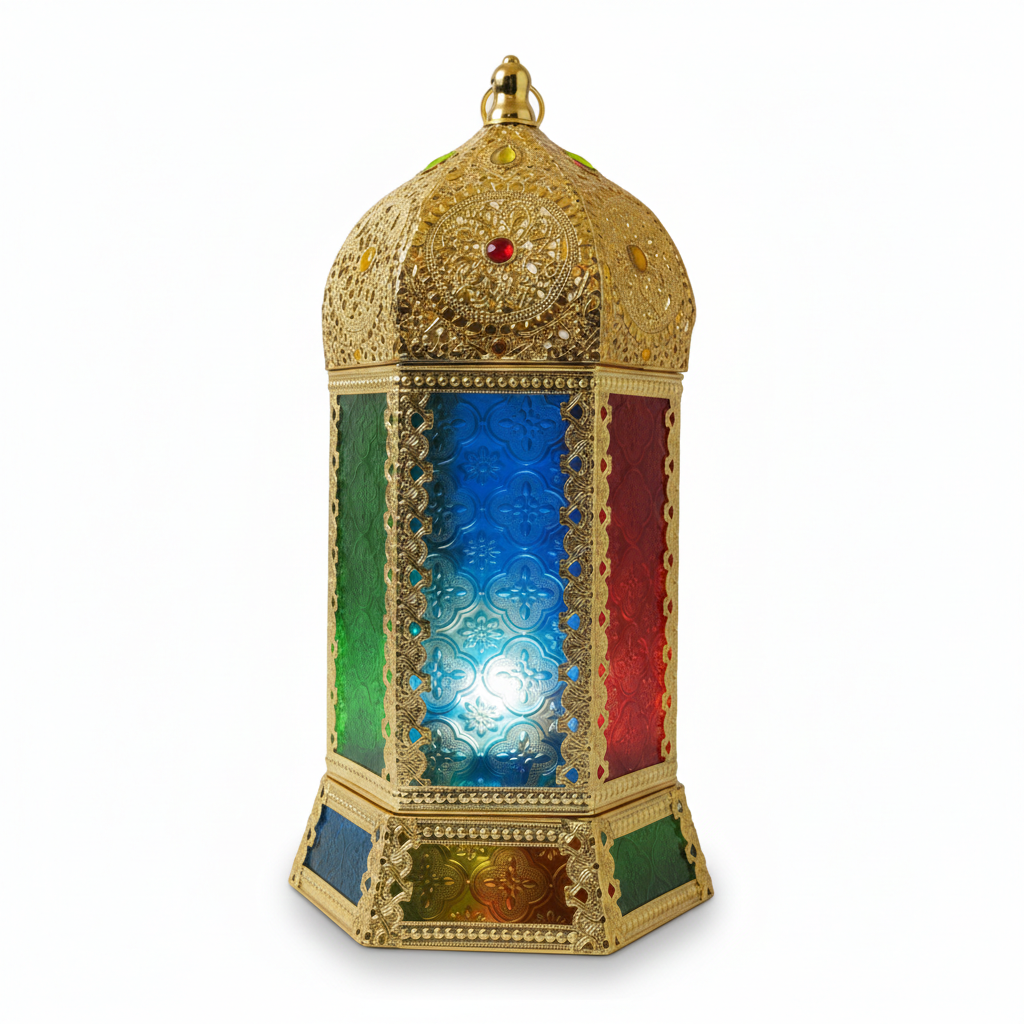 Ramadan Decorative Multicolor Glass LED Lantern – Gold Frame | 7138-74