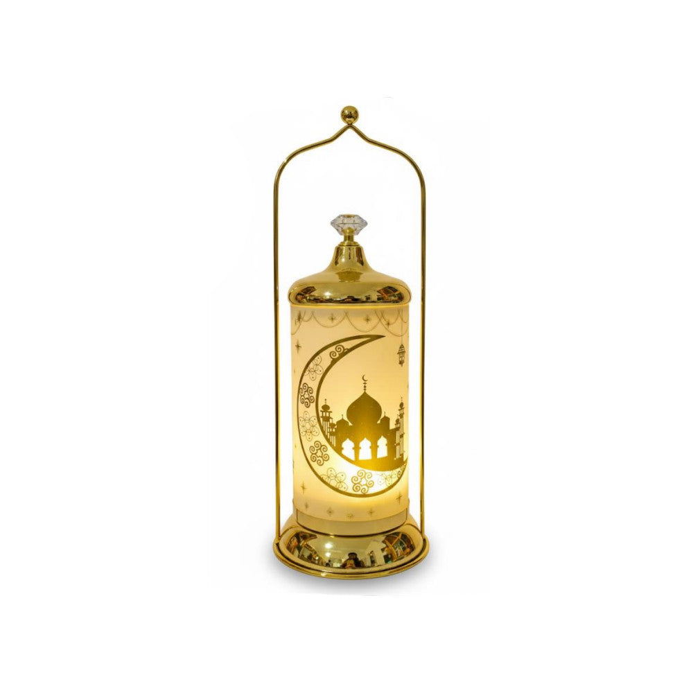 Ramadan Hanging LED Lantern with Gold Stand & Multicolor Glass | 7138-79