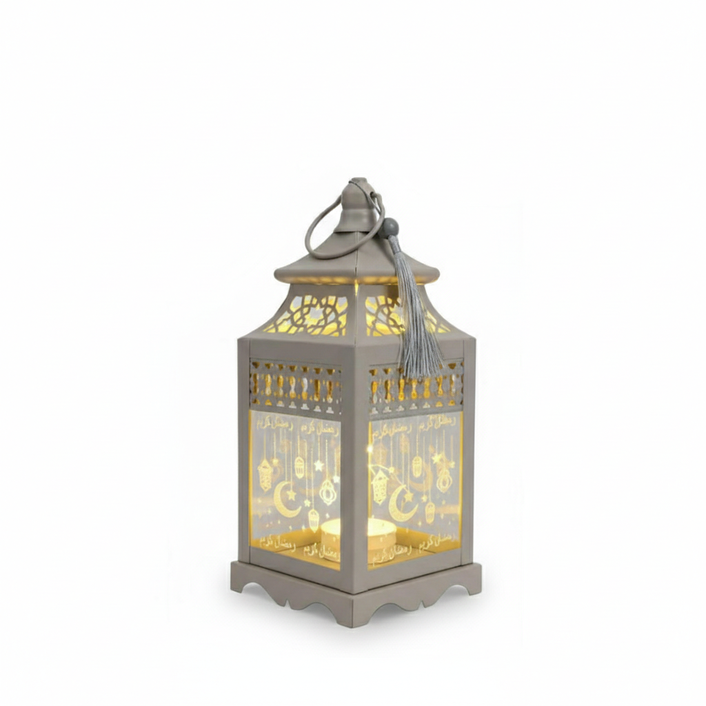 Ramadan Decorative Grey LED Lantern with Hanging Moon & Star Design | 7138-84