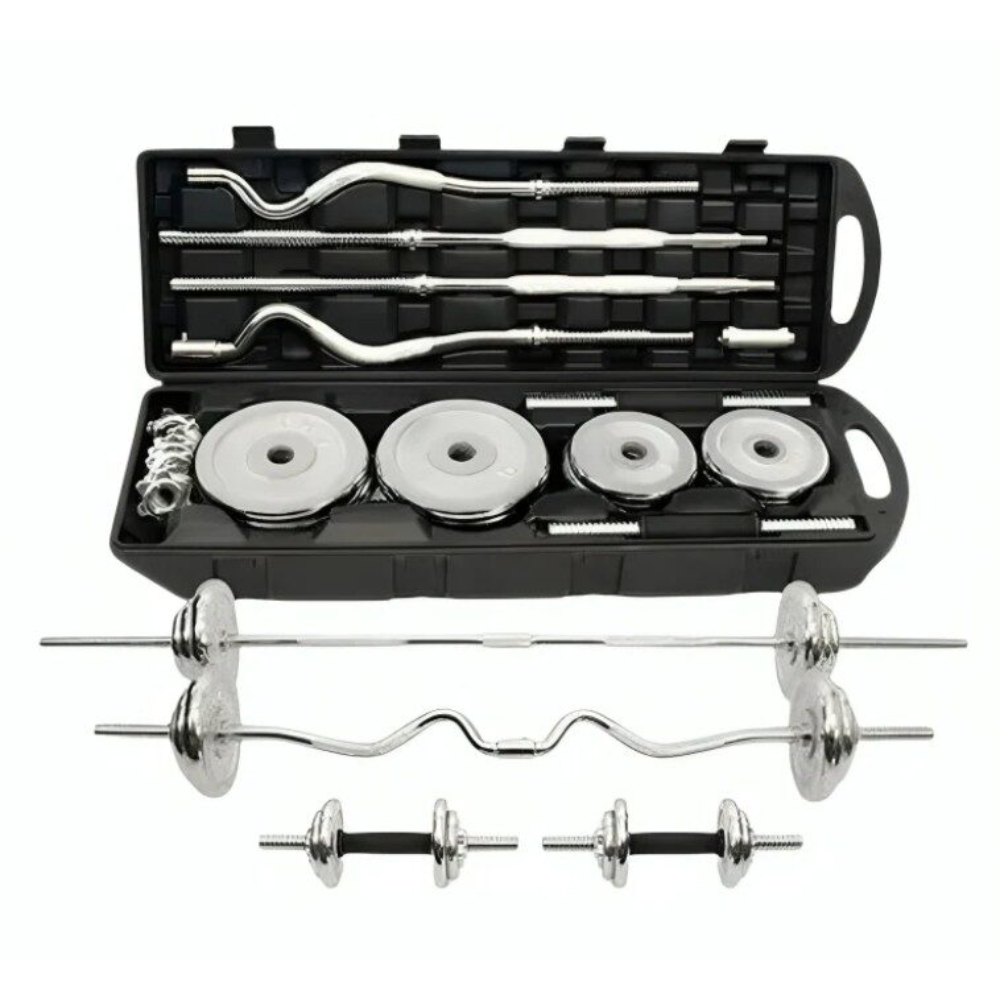 Fitness 55KG EZ Curl Bar Cast Iron Dumbbell with Barbell Set - Chrome