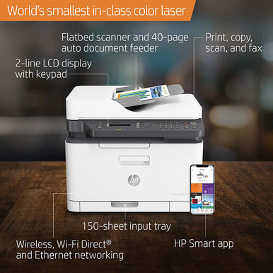 HP Color Laser 179fnw Wireless All in One Laser Printer with Mobile Printing & Built-in Ethernet, Works with Alexa | 4ZB97A | M179FNW