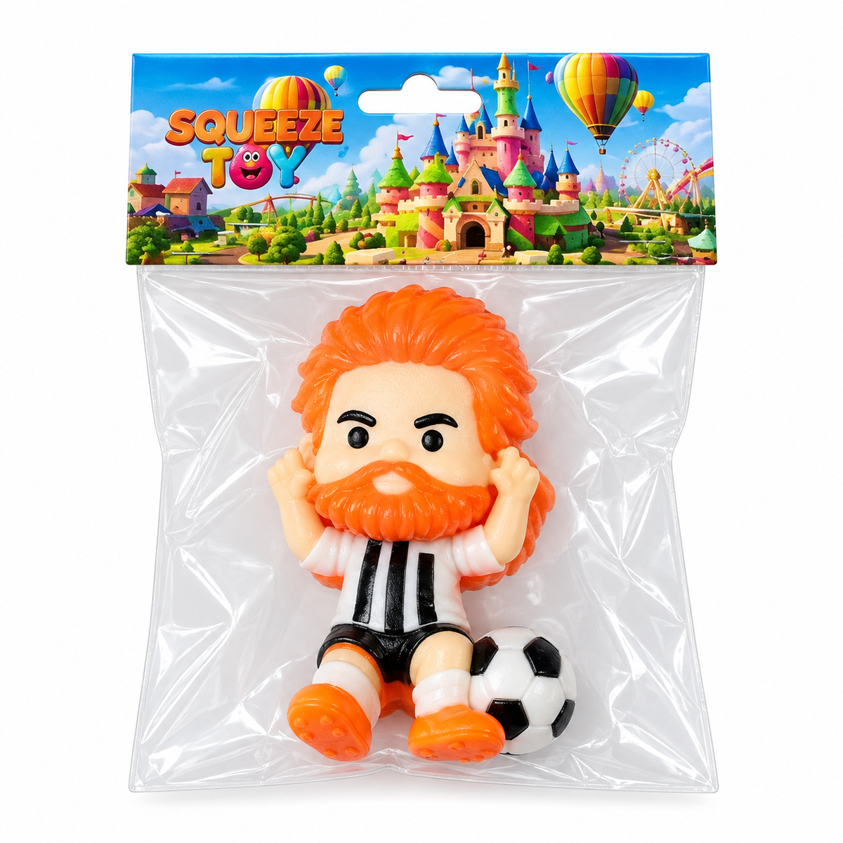 Squeeze Toy Soccer Player Figure - Orange-Haired Bearded Black & White Striped Celebration Pose | AL1096