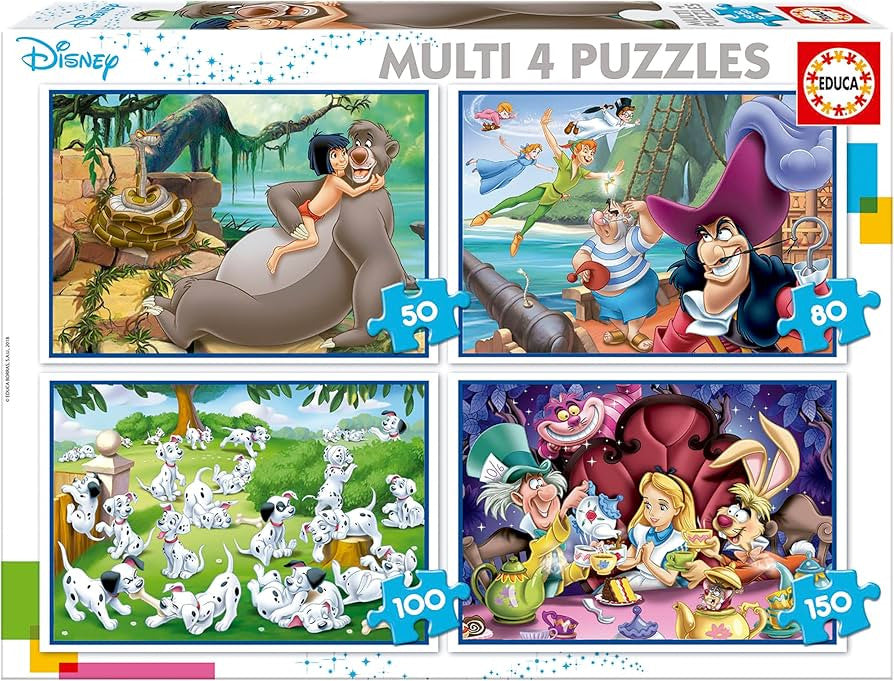 Educa Disney مجموعة ألغاز متعددة 4 - كتاب الأدغال، بيتر بان، 101 مرقش، أليس في بلاد العجائب | 18105