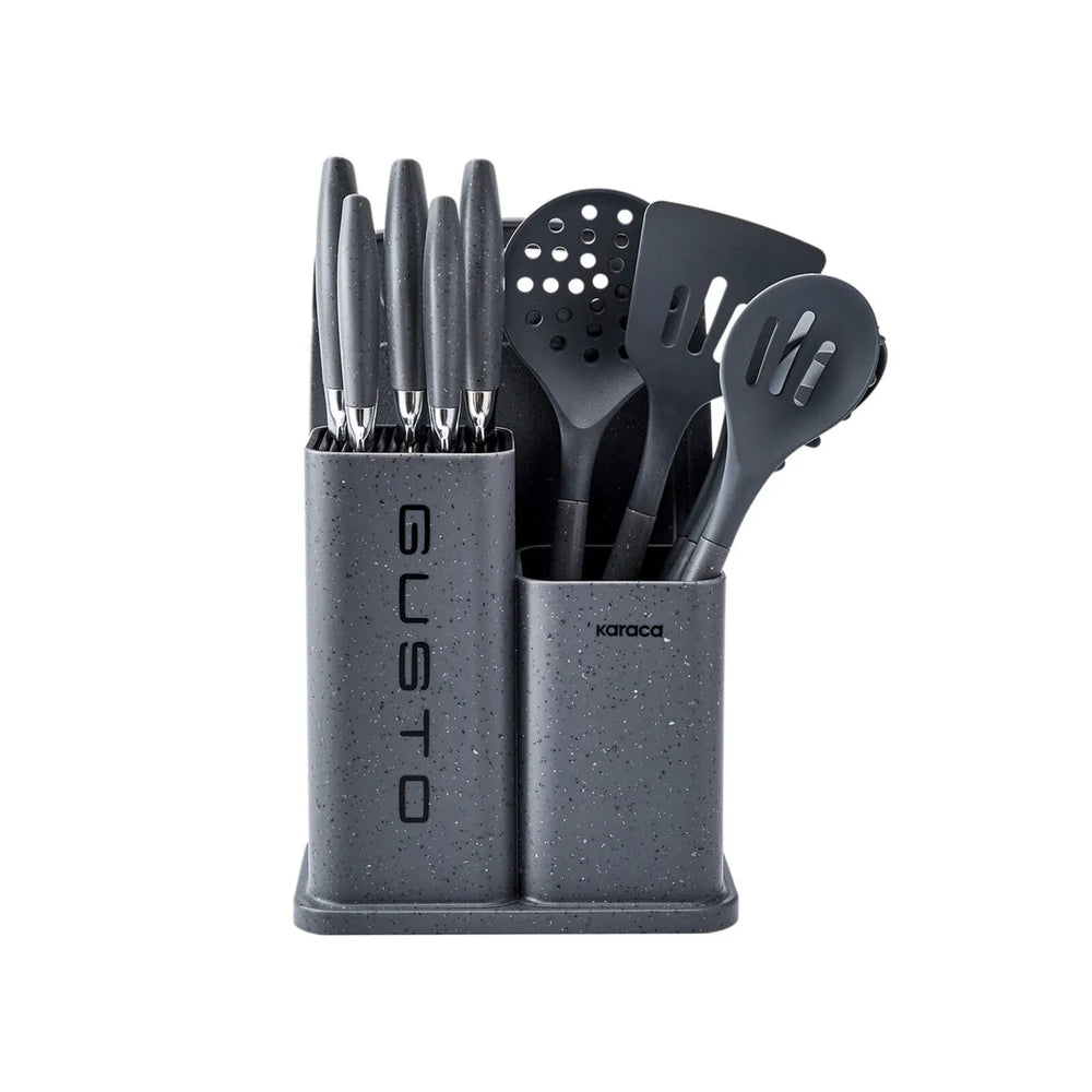 Karaca Gusto 12-Piece Knife & Kitchen Utensil Set with Block & Chopping Board