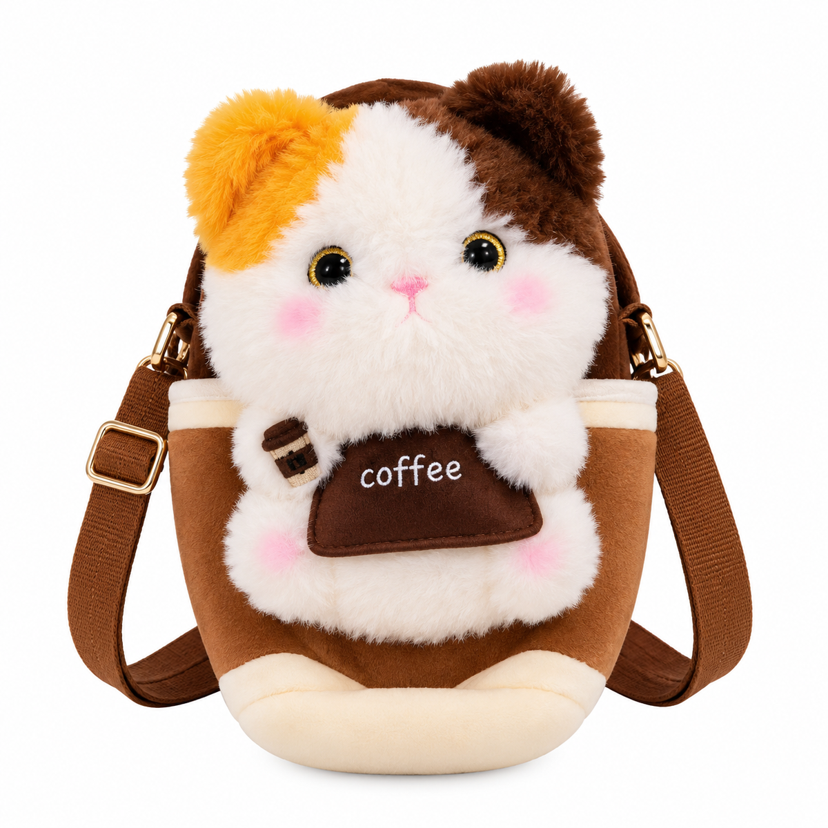 Cute Cat Coffee Cup Plush Crossbody Bag - Brown | Z1184