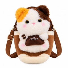 Cute Cat Coffee Cup Plush Crossbody Bag - Brown | Z1184