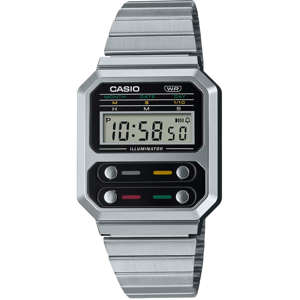 Casio Vintage Digital Unisex Watch Silver Case, Black Dial, Silver Stainless Steel Band | A100WE-1ADF