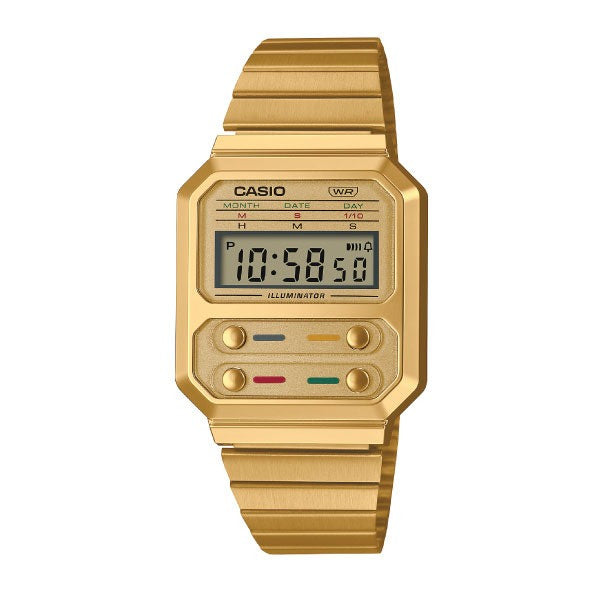 Casio Vintage Digital Unisex Watch Gold-Plated Case Dial and Stainless Steel Band Band | A100WEG-9ADF