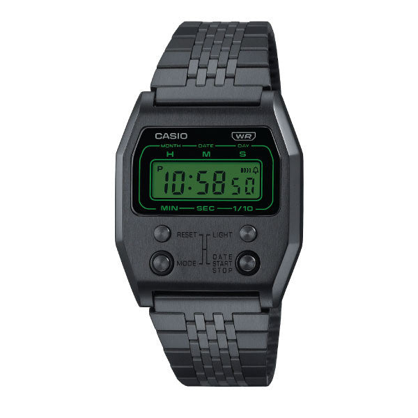 Casio Digital Unisex Watch Black Case, Green Dial, Black Stainless Steel Band | A1100B-1DF