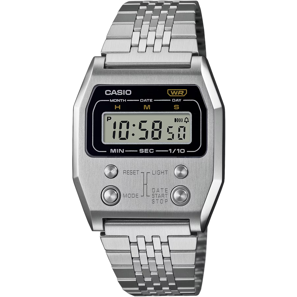 Casio Digital Unisex Watch Silver Case, Black Dial, Silver Stainless Steel Band | A1100D-1DF