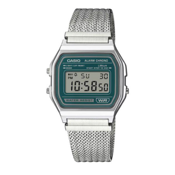 Casio Digital Unisex Watch Silver Case, Green Dial, Silver Stainless Steel Band | A158WEM-3DF