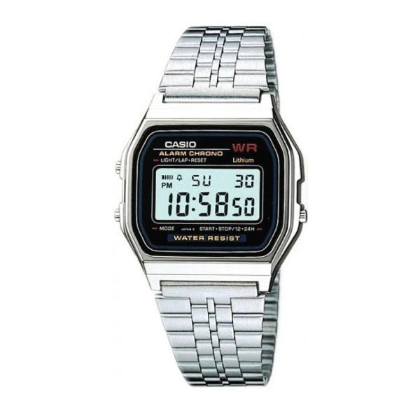 Casio Digital Unisex Watch Silver Case, Black Dial, Silver Stainless Steel Band | A159W-N1DF