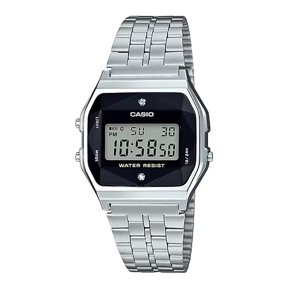 Casio Digital Unisex Watch Silver Case, Black Dial, Silver Stainless Steel Band | A159WAD-1DF
