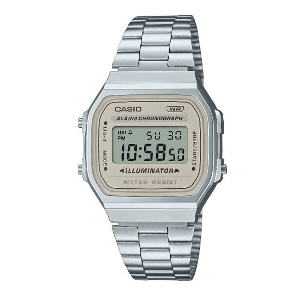 Casio Vintage Digital Unisex Watch - Silver Case, Beige Dial, Silver Stainless Steel Band | A168WA-8AYDF