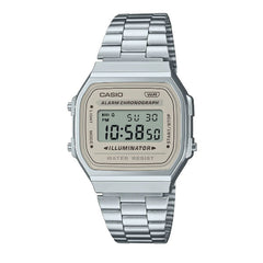 Casio Vintage Digital Unisex Watch - Silver Case, Beige Dial, Silver Stainless Steel Band | A168WA-8AYDF