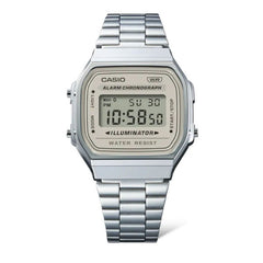 Casio Vintage Digital Unisex Watch - Silver Case, Beige Dial, Silver Stainless Steel Band | A168WA-8AYDF