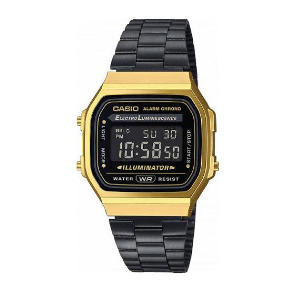 Casio Vintage Digital Unisex Watch - Gold-Plated Case, Black Dial, Black Stainless Steel Band | A168WEGB-1BDF
