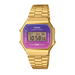 Casio Vintage Digital Unisex Watch Polished Gold-Plated Case, Purple & Pink Gradient Dial & Gold-Plated Stainless Steel Band | A168WERG-2ADF