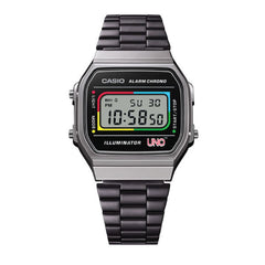 Casio Vintage Digital Unisex Watch Polished Gunmetal Gray Case, Black Dial with UNO Wildcard Design & Dark Gray Stainless Steel Band | A168WEUC-1ADR