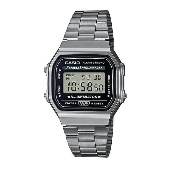 Casio Vintage Digital Unisex Watch Polished Gunmetal Gray Case, Black Dial & Gray Stainless Steel Band | A168WGG-1ADF