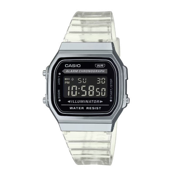 Casio Vintage Digital Unisex Watch Polished Silver Case, Black Dial & Translucent Resin Band | A168XES-1BDF