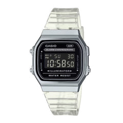 Casio Vintage Digital Unisex Watch Polished Silver Case, Black Dial & Translucent Resin Band | A168XES-1BDF
