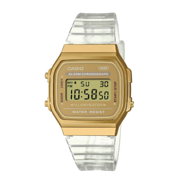 Casio Vintage Digital Unisex Watch Gold-Plated Case, Gold-Plated Dial & Translucent Resin Band | A168XESG-9ADF