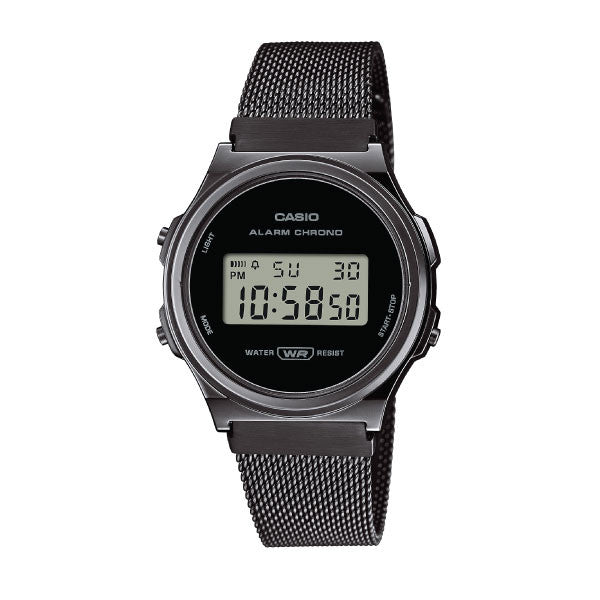 Casio Vintage Digital Unisex Watch Gunmetal Gray Case, Black Dial & Black Mesh Stainless Steel Band | A171WEMB-1ADF