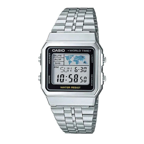 Casio Vintage Digital Unisex Watch Silver Case, Black Dial & Silver Stainless Steel Band | A500WA-1DF