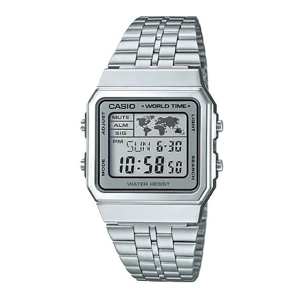 Casio Vintage Digital Unisex Watch Silver Case, Silver Dial & Silver Stainless Steel Band | A500WA-7DF
