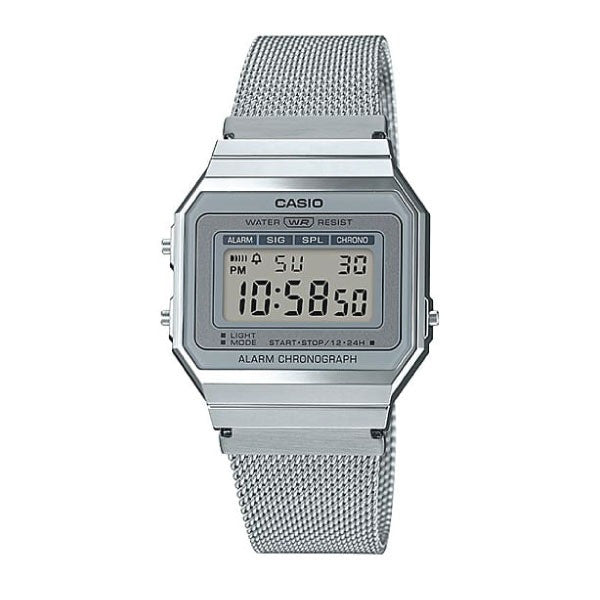 Casio Vintage Digital Unisex Watch Silver Case, Silver Dial , Silver Stainless Mesh Steel Band | A700WM-7ADF