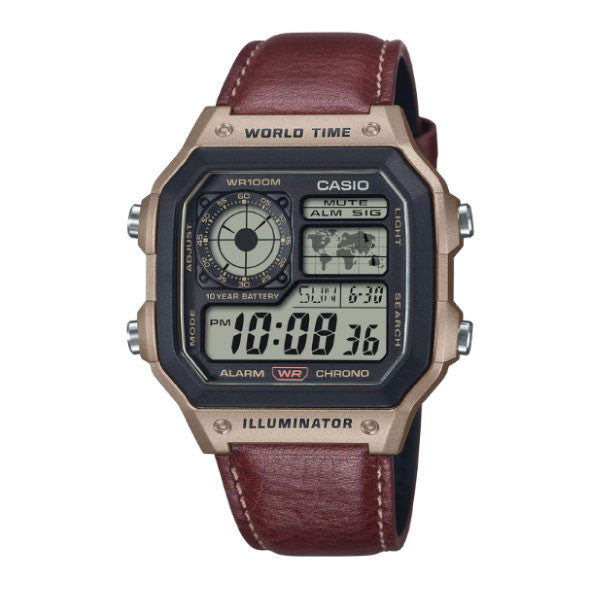Casio Digital Watch – Beige Case & Brown Leather Strap | AE-1200WHL-5AVDF
