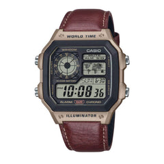 Casio Digital Watch – Beige Case & Brown Leather Strap | AE-1200WHL-5AVDF