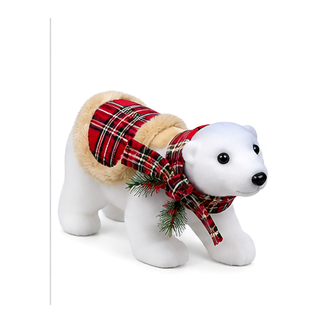 Christmas Polar Bear Decoration with Red Plaid Outfit - White